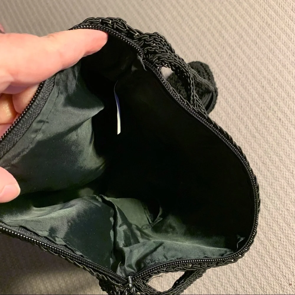 NWOT: Purse - Black, Crocheted, Crossbody, Attached Change Purse, Weatherproofed